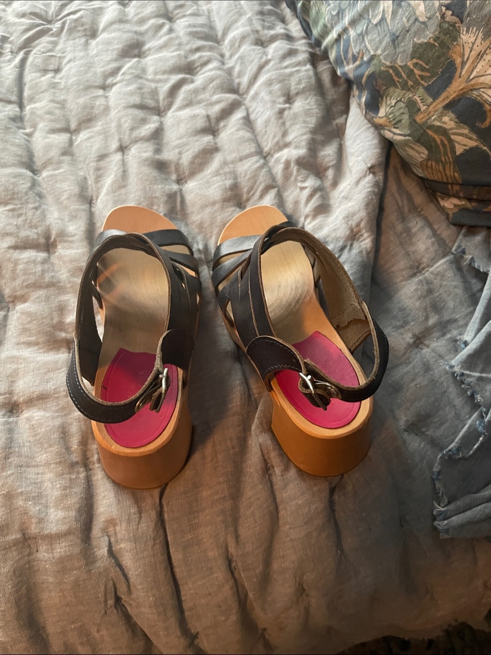 Swedish Hasbeens Black Strappy Platform Sandals with Pink Insole